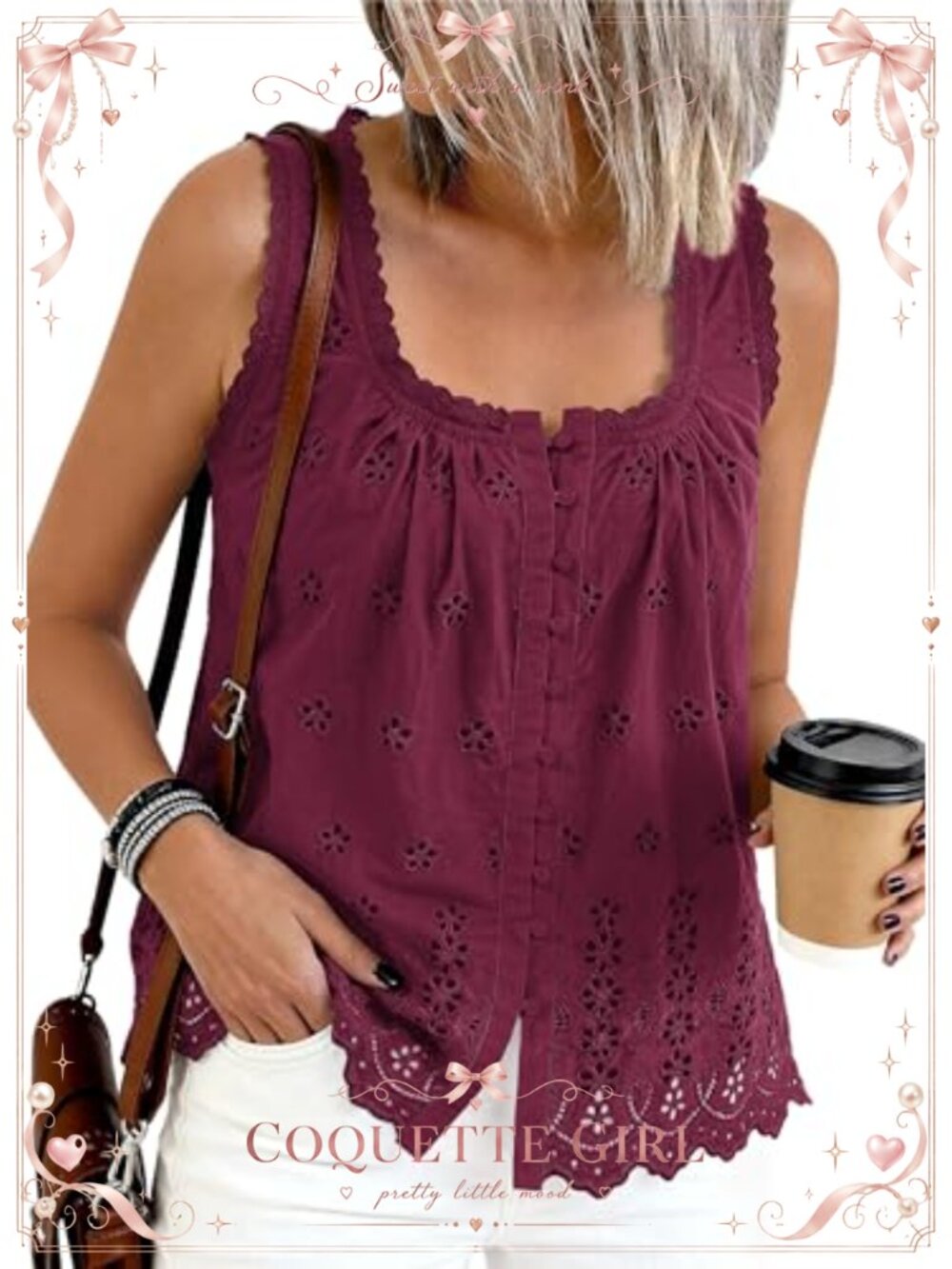 Lace Eyelet Embroidery Tank Top Square Neck Button Down Blouse